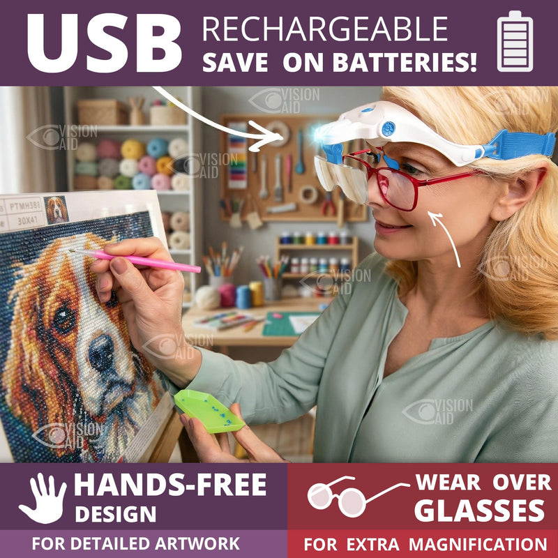 Vision Aid Expert Edition Magnifying Glasses with USB Rechargeable LED Light and Storage Case Hands Free Head Magnifier for Hobby Painting Close Work USB Rechargeable - Expert Set