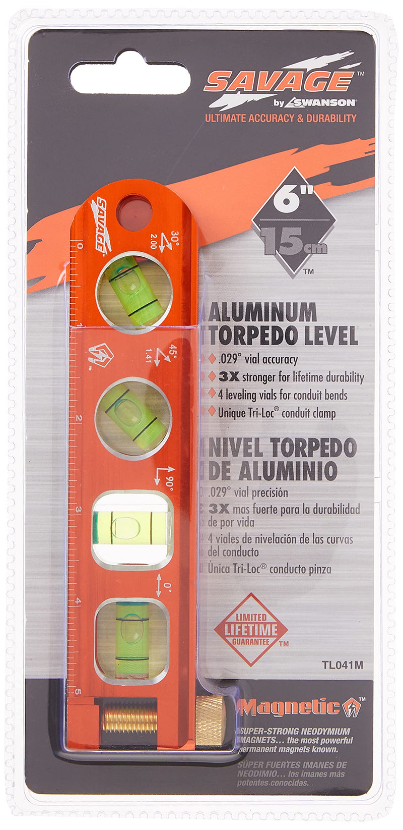 Swanson Tool Co TL041M 6 Inch Savage Magnetic Billet Torpedo Level with Brass Pipe Clamp, 6 Inches and 15 Centimeters Orange - NewNest Australia