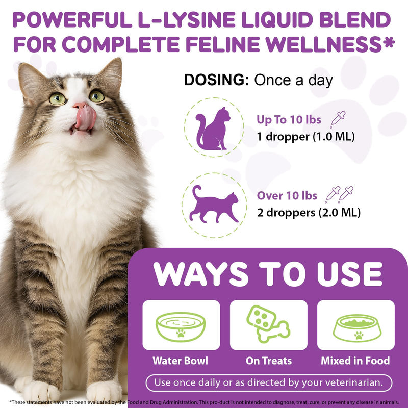 L-Lysine Drops for Cats, Lysine Supplement for Cats, Support Immune System, Respiratory Health & Eyes Function, Skin & Coat Health, Pets Health Supplies Cat Multivitamins, Chicken Flavor - 2 fl.oz