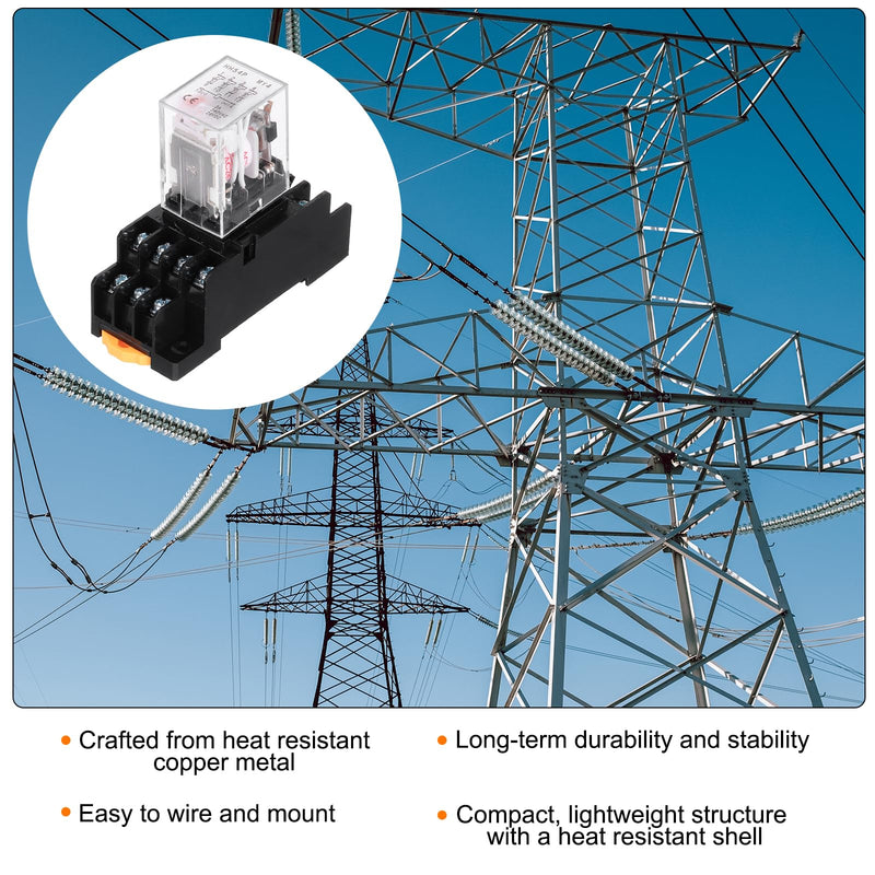 MECCANIXITY 2Pcs AC 24V Electromagnetic Power Relay, 14-Pin 3A Power Coil Relay with LED Indicator and Socket Base DPDT 4NO 4NC - MY4NJ for Industrial, Home Appliances and DIN Rail System 4NO-4NC AC24V