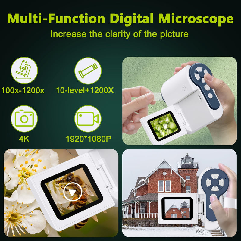 Digital Microscope,1200X USB Microscope,Coin Microscope with 6 Adjustable LED Lights, 2'' LCD Screen Microscope for Kids and Adults, 32GB SD Card,Photo and Video Mini Microscope White