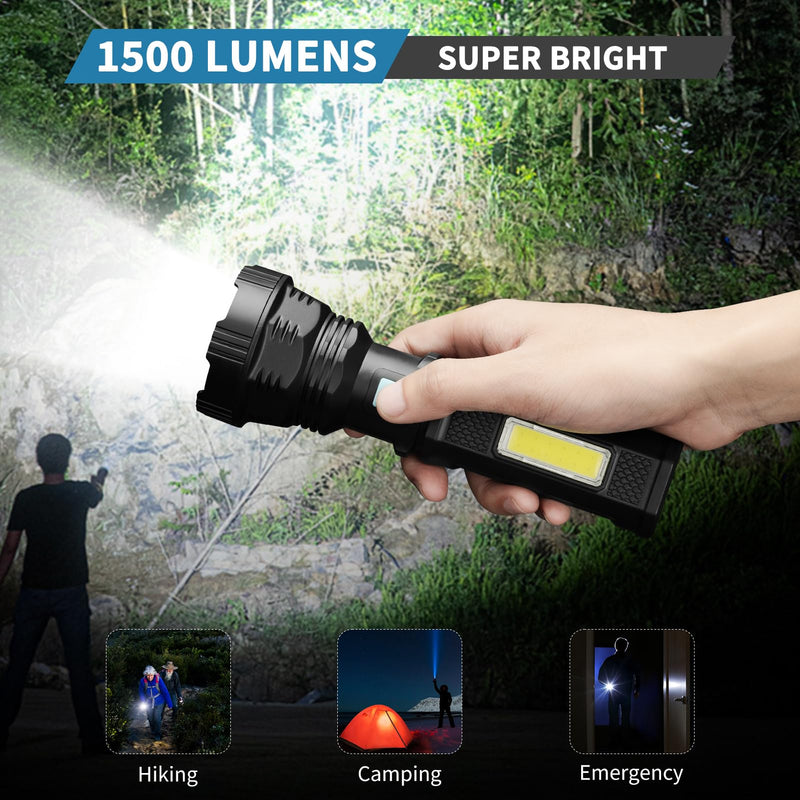 Led Solar Flashlight, 1500 Lumens Led Solar Handheld Rechargeable Flashlights with IP65 Waterproof, 2000mAh Battery for Survival Emergencies Camping (2 Packs) 2 Packs