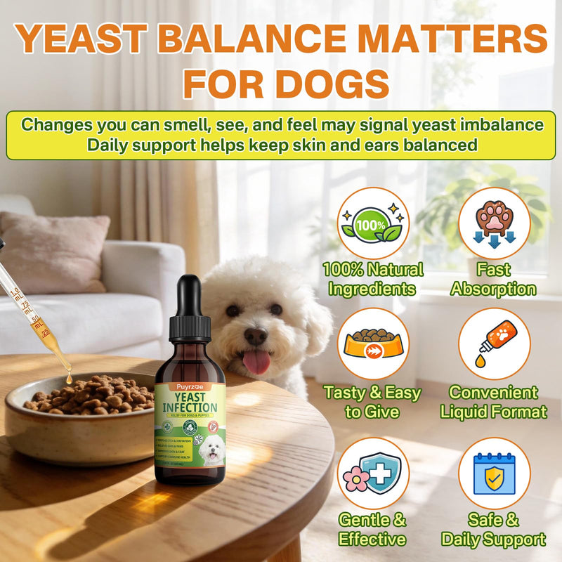 puyrzoe Natural Yeast Infection Treatment for Dogs, Itchy Ears, Skin, Paws & Allergy Relief, Yeast Treatment for Dogs, Supports Gut & Immune Health, Reduces Itching, Irritation & Inflammation, 60ml Yeast Drops-1 PC