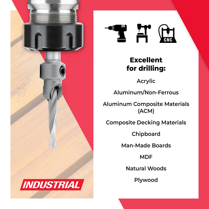 Amana Tool Carbide Tipped Countersink Drill Bit, 55212, 12 Screw, 15/32 Dia x 7/32 Drill Dia x 3/8 Round Shank