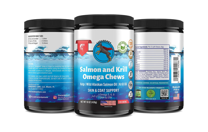 Wild Alaskan Salmon Krill Oil Chews for Dogs - 120 Soft Treats - Omega 3 6 9 Fish Supplement EPA, DHA for Itch-Free Skin Coat Joints - Allergy Relief - Reduce Hair Shedding - Made in USA - PawsPlanet Australia