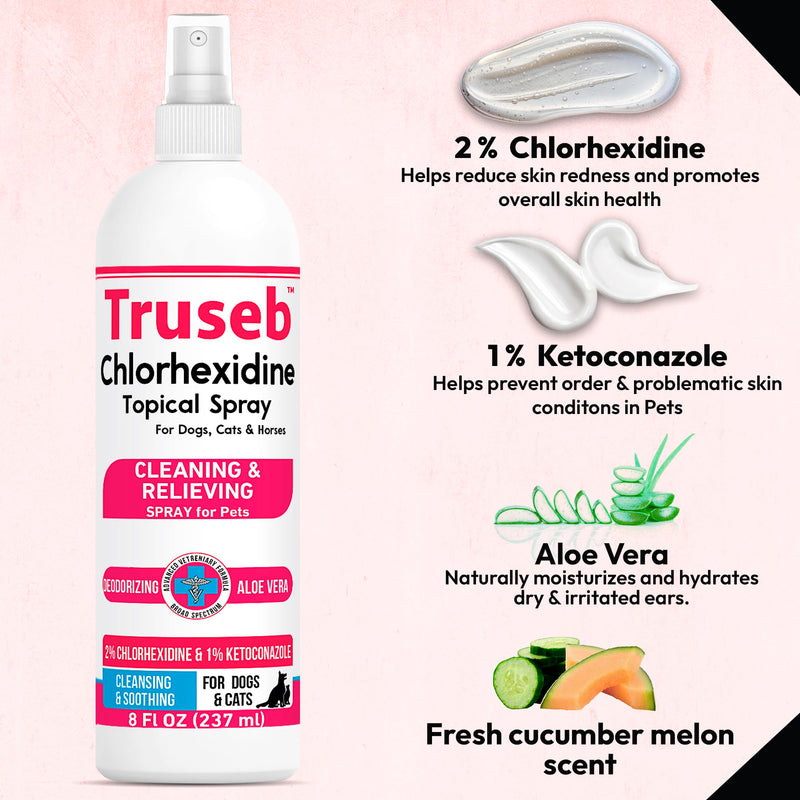 Truseb Medicated Topical Ketoconazole and Chlorhexidine Spray for Dogs, Cats, and Horses with Essential Fatty Acids, Ketoconazole Spray Aloe and Vitamin E (Ketoconazole & Chlorhexidine Spray, 16 oz) Ketoconazole & Chlorhexidine Spray