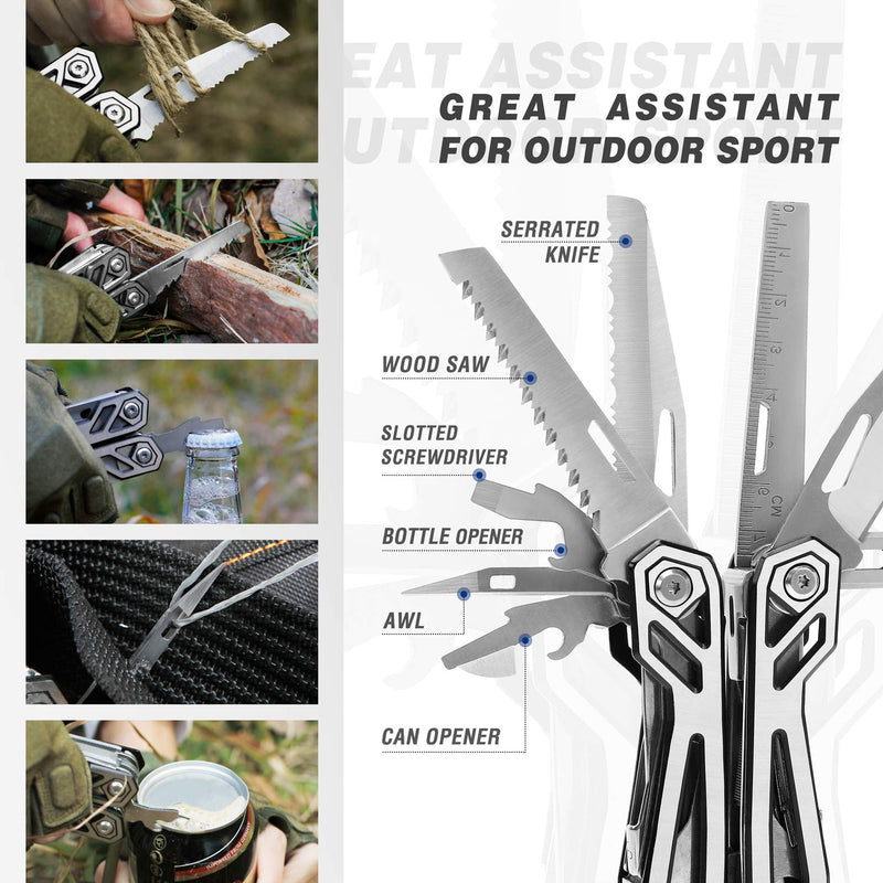 MOSSY OAK Multitool, 21-in-1 Stainless Steel Pocket Knife with Screwdriver Sleeve, Self-locking Pliers with Sheath-Perfect for Outdoor, Survival, Camping, Hiking, Simple Repair Silver
