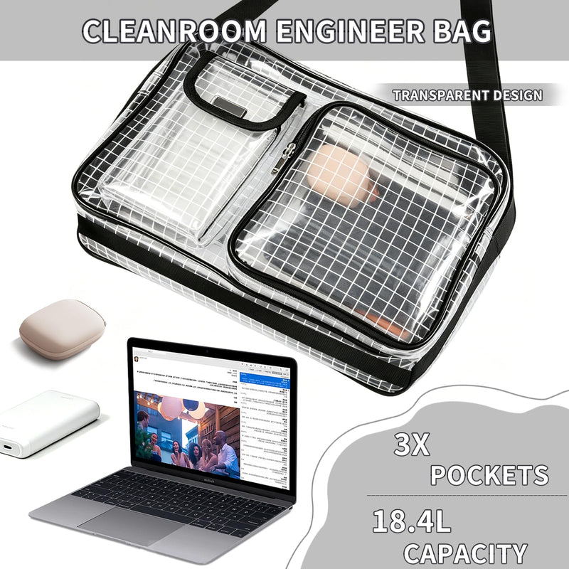 Anti-Static Cleanroom Engineer Bag（Fabric Shoulder Straps, 3 Pockets）- 13.8 Inch Transparent PVC Tool Bag for Work Travel and Daily Use Black 2