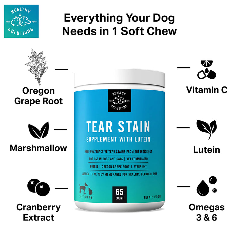 Tear Stain Remover for Dogs Plus Lutein - Supplement for White Dogs & All Other Dog Breeds - Eliminates Unsightly Eye Tear Stains for Dogs & Cats - 65 Soft Chews Enhanced with Cranberry Extract - PawsPlanet Australia