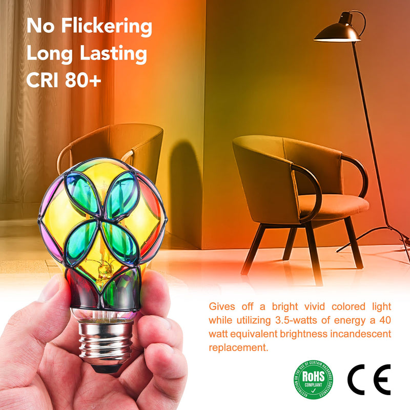 4 Pack Stained Glass Light Bulbs, LED Edison Light Bulb E26 3.5W Replacement Light Bulbs Tiffany Style for Bedroom Living Room Home Christmas Decoration A60-(E26)