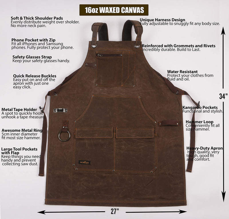 16oz Waxed Canvas Work Apron with Tape Holder - Fully Adjustable, Tough Protection for Men Brown