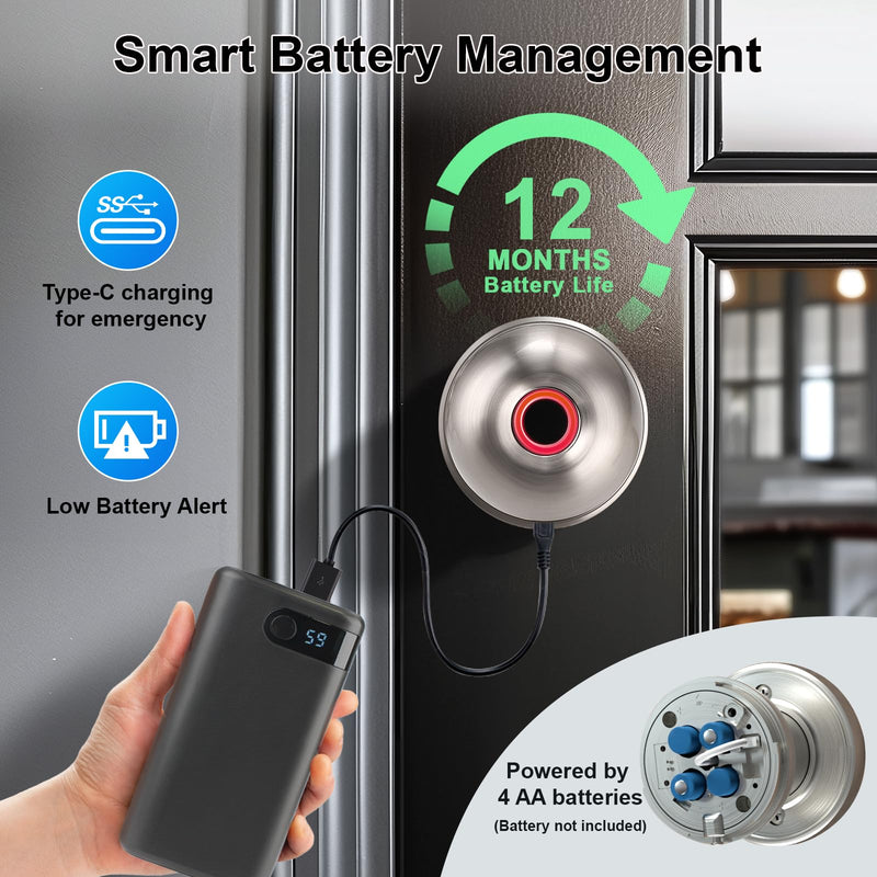 KNOBWELL Fingerprint Door Knob, Smart Door Knob with APP Control, Satin Nickel Keyless Entry Door Lock, Biometric Door Lock with Knob, Smart Lock for Bedroom Door Hotel Office Apartment
