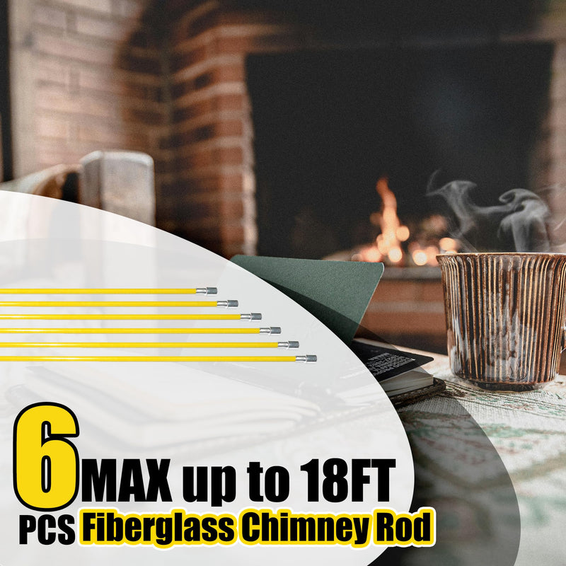 18FT Fiberglass Chimney Brush Rod Kit, 1/4" NPT Fittings Fireplace Brush Rod with Handle, 6pcs 3ft Fiberglass Rod Up to 18 feet (Yellow(with Handle)) Yellow Rod Kit with Handle