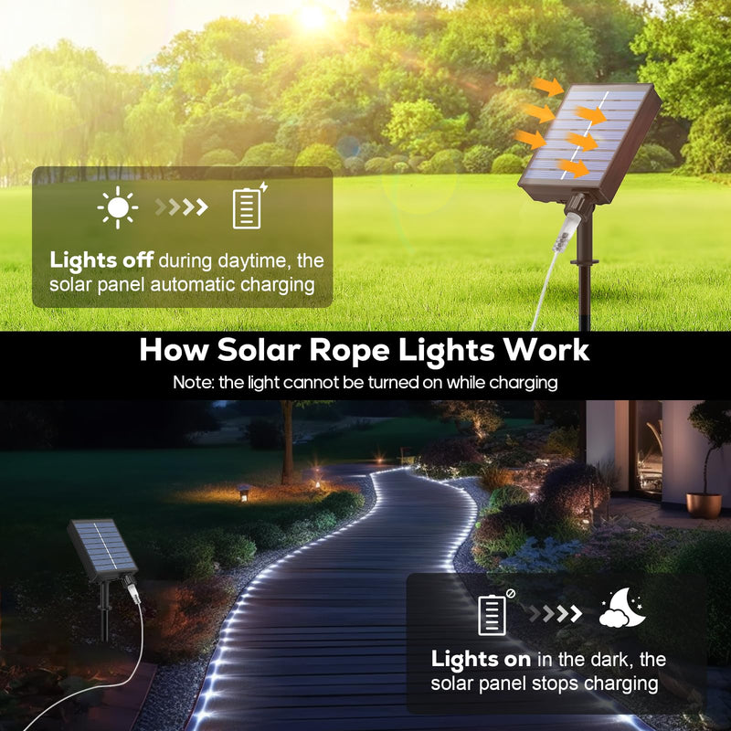 ICRGB 66FT 200LED Solar Rope Lights, Outdoor Waterproof Solar Lights with Remote, IP67 Solar Powered String Lights with Timing & 8 Modes for Garden Tree Pathway Yard Pool RV Christmas Decor, White