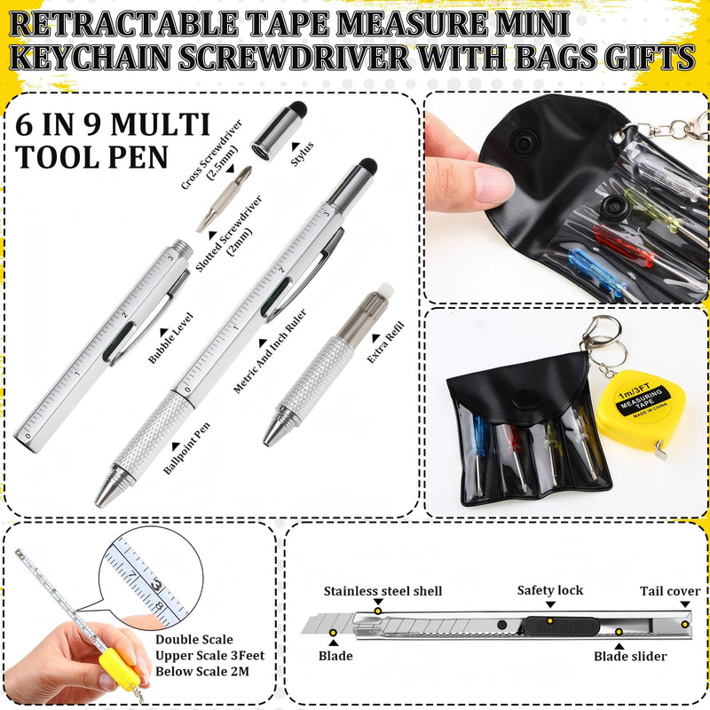 AmazingSpark 48 Pcs / 12 Set Men Gift Bulk Mini Screwdriver Keychain Tape Measures Multitool Pen Retractable Box Cutter Father Birthday Adult Party Favor