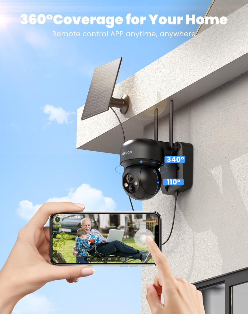 Solar Security Cameras Wireless Outdoor - Battery Power Cameras for Home Security Wifi Cameras Outside Surveillance Camera PTZ 360° Camera System with Floodlight Color Night Vision Motion Sensor Alarm 1Pcs-Black