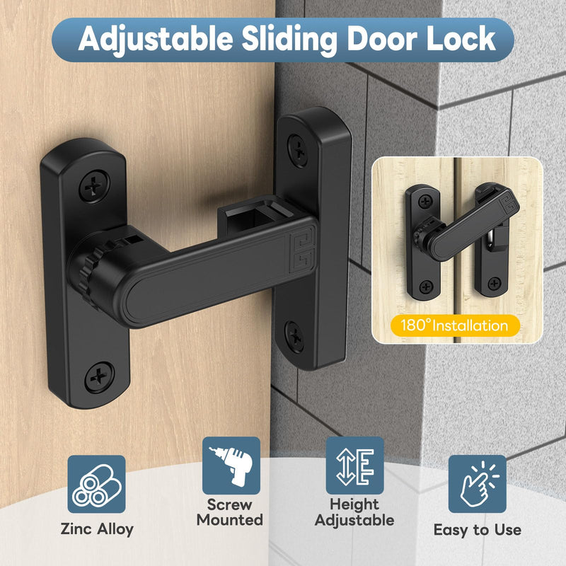 90/180 Degree Sliding Barn Door Lock, Adjustable Zinc Alloy Security Door Locks and Latches for Closets, Windows, Liquor Cabinets, Garden/Fence/Shed/Wooden Gate (Black-2PCS) Black-2PCS
