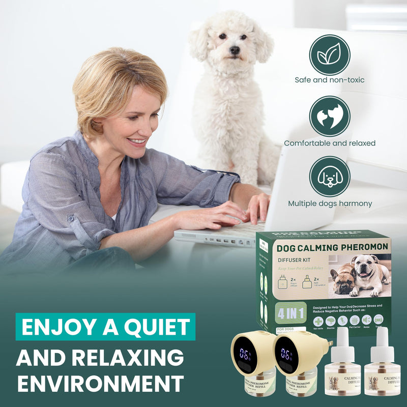 Smart 4-in-1 Dog Pheromones Calming Diffuser Kit with Four Timed Timer, 60 Days Effectively Anti Anxiety Relief Stress Dog Pheromones Calming Refills (2 Diffuser + 2 Refills) Beige