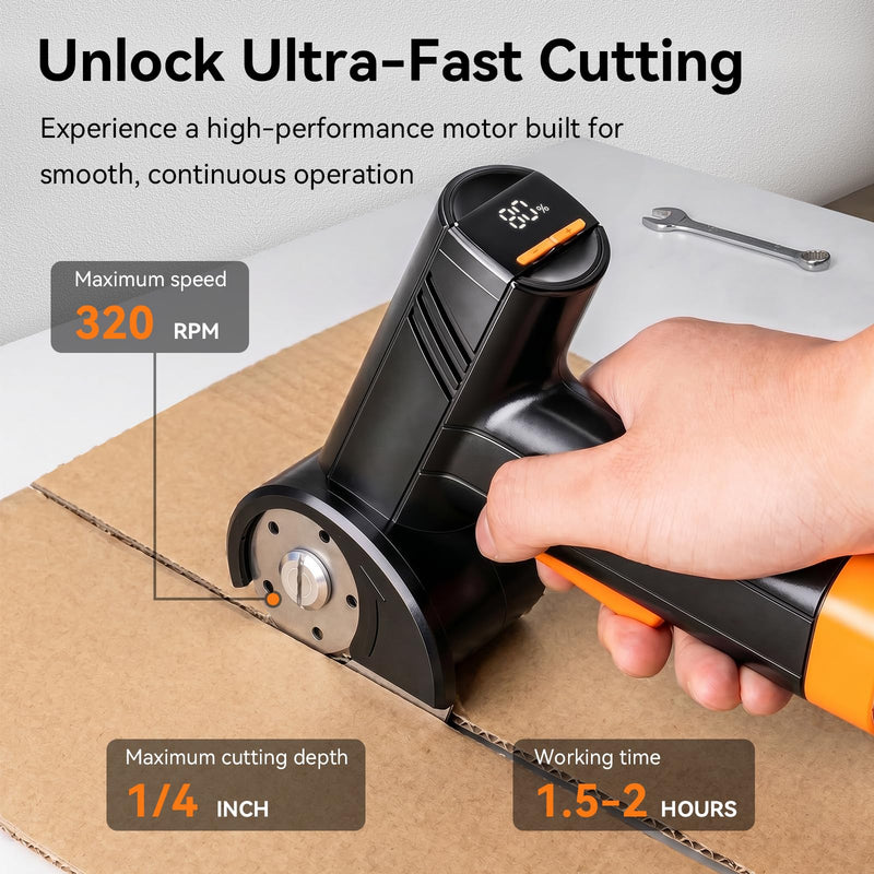4.2V Cardboard Cutter - Rechargeable Cordless Electric Scissors with LED Display, 4-Speed Adjustable Rotary,320 RPM,with 1 Blade & Storage Bag,for Cardboard,Fabric, Carpet, Leather