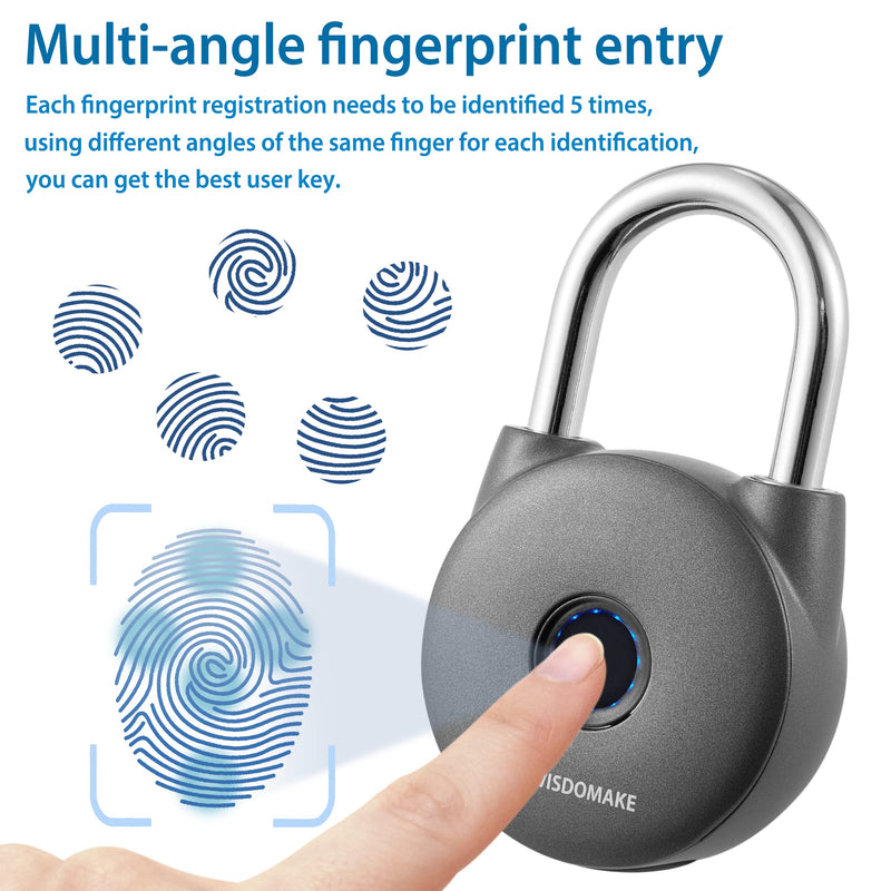 Fingerprint Padlock, Smart Lock with Key Backup, Waterproof for Gym, Luggage, Bookcase, Suitcase, Backpack, Bike, School Locker (Gray)