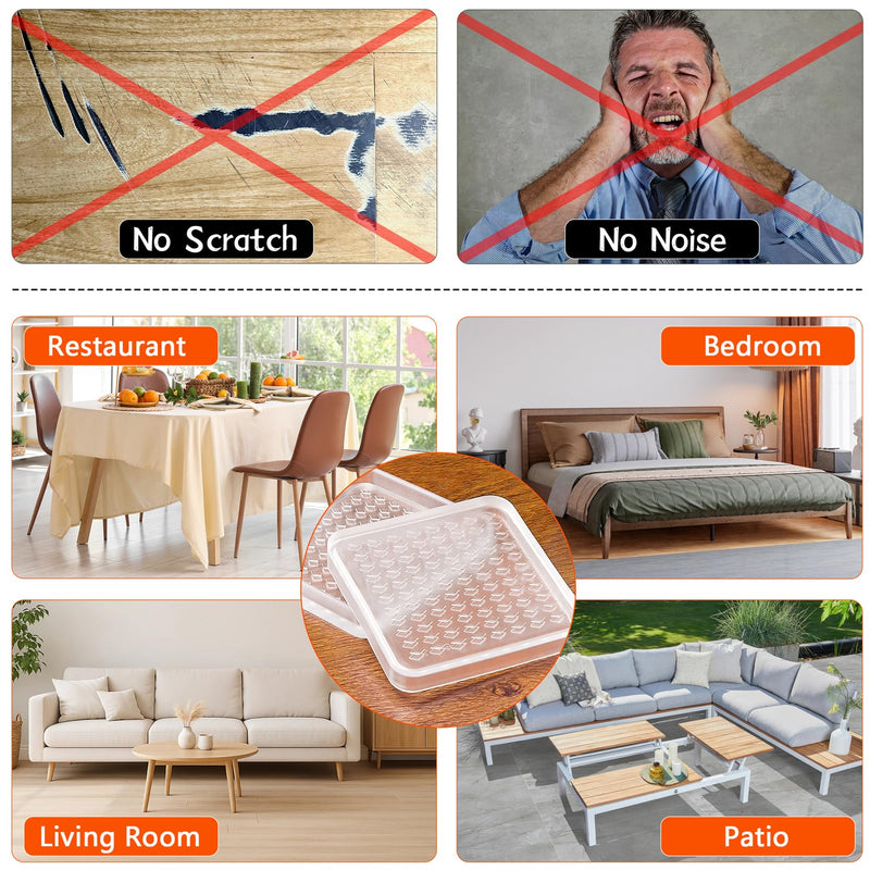 8 Pcs Clear Furniture Coaster Cups for Hardwood Floor, 4" Square Non-Slip Rubber Furniture Pads, Heavy Duty Anti-Skid Floor Protectors for Bed & Couch Leg, Odorless & Non-Staining Rubber Gripper Feet 4“-Square