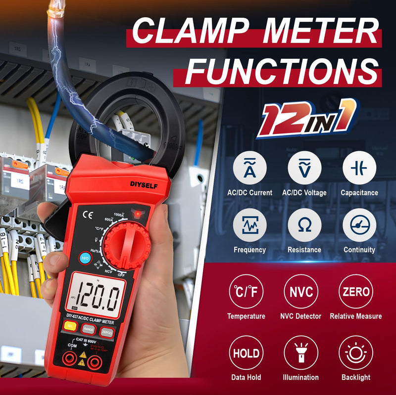 DIYSELF 6000 Counts Digital Clamp Meter, True RMS AC/DC Voltage Tester, Amp Meter Capacitance Meter, Resistance Continuity Tester, Professional Multimeter with Test Leads Pouch and Batteries