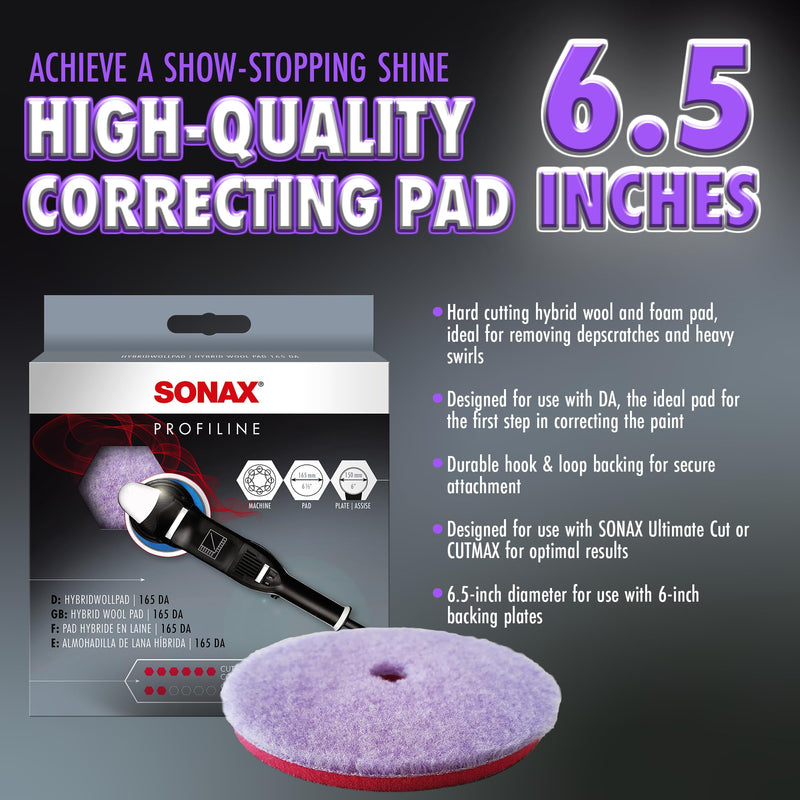 SONAX Hybrid Wool Pad | Heavy Cut Polishing Pad for Dual-Action Machines | Reduces Polishing Time | Removes Deep Scratches & Matting | 85% Wool, 15% Polyester | Low Heat Generation | 494100 | 165mm