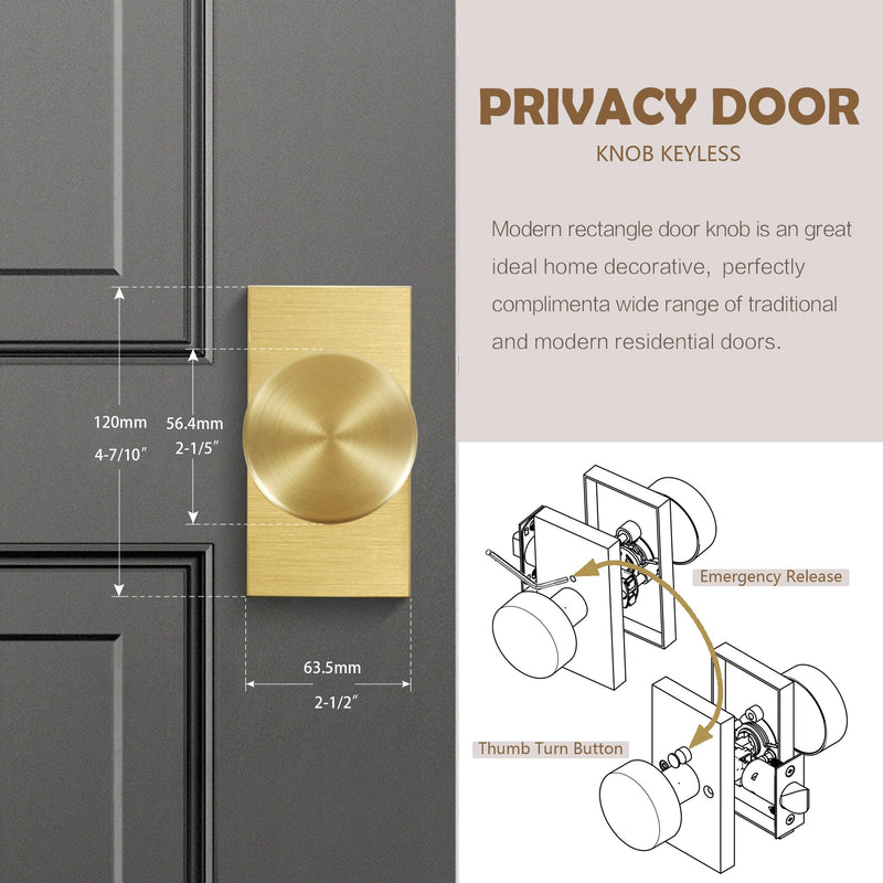Satin Brass Zinc Alloy Privacy Door Knob with Lock, Heavy-Duty Round Handle with Rectangle Frame, Bedroom Bathroom Interior Quick Installation Lock Set, 1 Pack Satin Brass