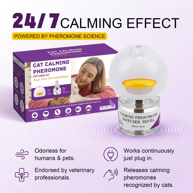 120-Days Cat Calming Pheromone Diffuser Kit - 2 Diffusers & 4 Refills, Long-Lasting Stress & Anxiety Relief, Fighting, Aggression, Meowing & Scratching | 2-Pack Cat Calming Diffuser Kit transparent