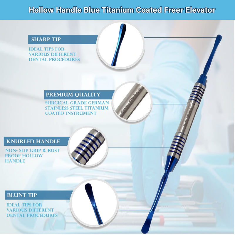 Periosteal Dental Elevator FREER Oral Implant Double Ended Instrument Sharp/Blunt Ends, O.R Grade Stainless Steel Hollow Handle Blue Titanium Coated Surgical Dental Ophthalmic Instruments