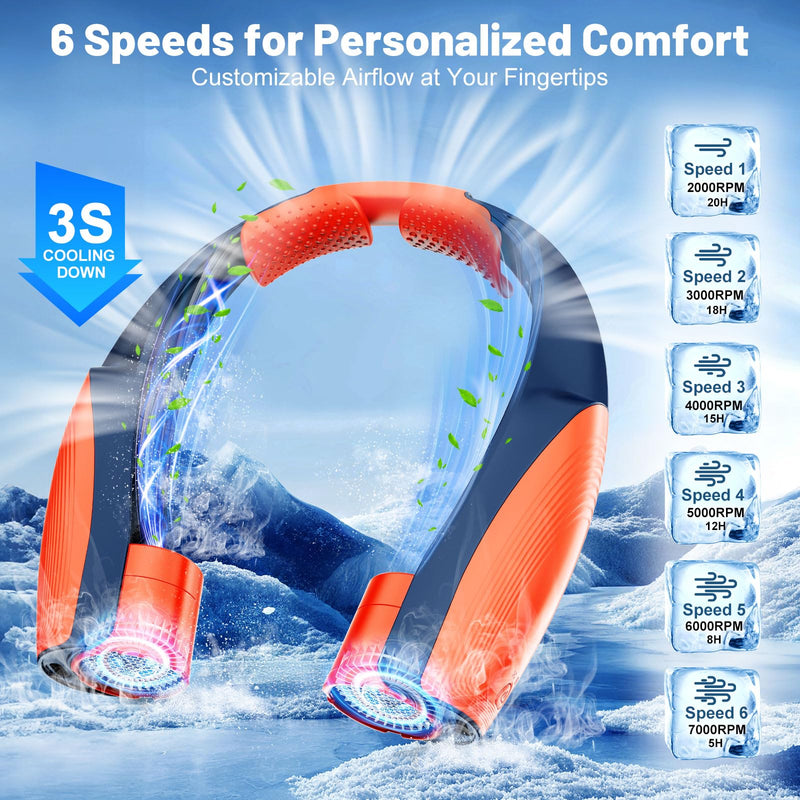 AI Portable Neck Fan with 6 Powerful Speeds, 8000mAh Battery Operated USB-C Rechargeable Fan, Hands-Free 360° Cooling Neck Fan,Ultra-Quiet Personal Fan for Women Men Office Travel(Orange-Blue) Orange-Blue