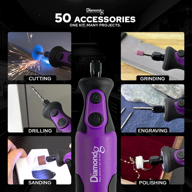 Diamondg Cordless Rotary Tool Kit, 8V, 5-Speeds - 50pcs DIY Accessories Purple