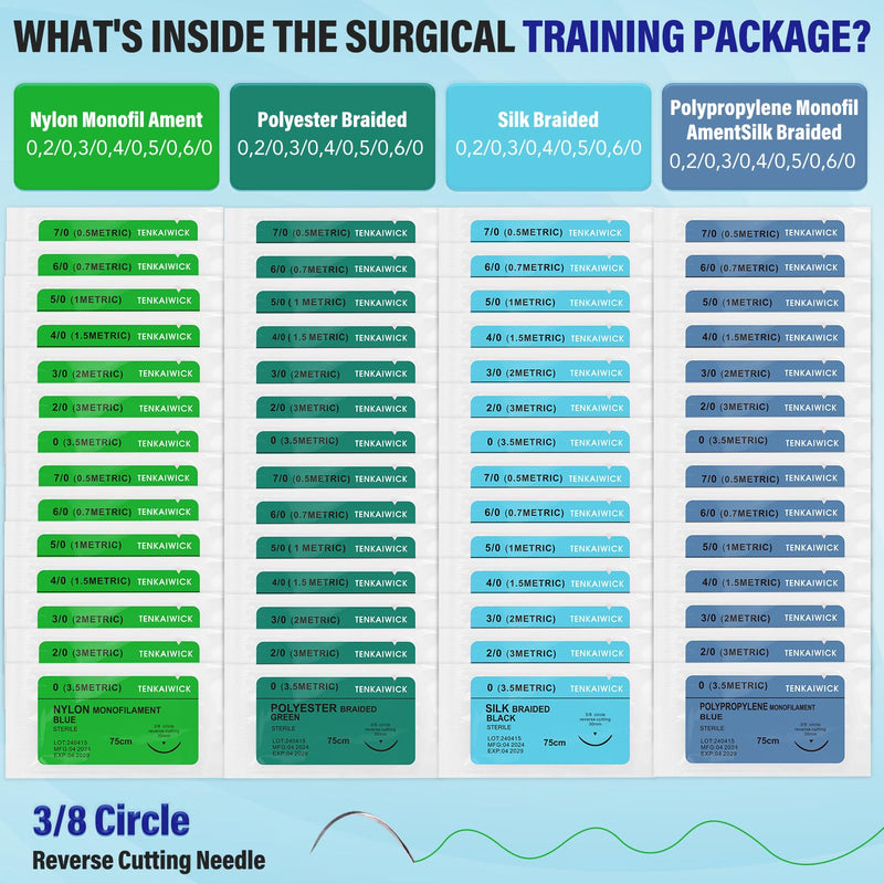 56 Packs Sutures Thread with Needle,Mixed Sutures, Training Threads(0,2/0,3/0,4/0,5/0,6/0,7/0) for Practicing Suturing can be Used for Suture Pads, Fruit peels,4 Material 56