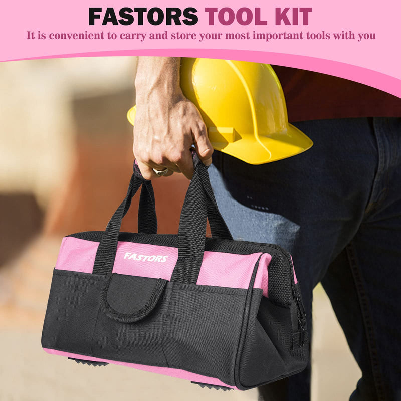 Pink Tool Bag for Women With 13-Inch Wide Mouth Double Zippers,Tool Bag With 8 Pockets Outside and 2 Pockets Inside(PINK) Pink