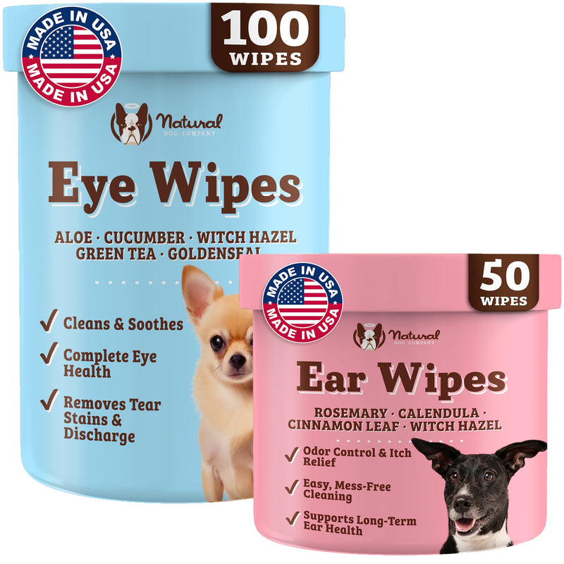 Natural Dog Company Eye & Ear Wipes Bundle for Dogs – Tear Stain Remover & Ear Cleaner Wipes with Green Tea, Goldenseal, Calendula & Aloe – Vegan, Non-Irritating Formula – 100 ct + 50 ct