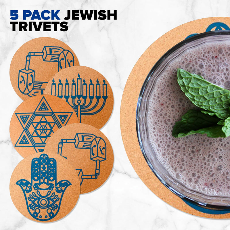 Cork Trivet Set 5 Pieces Used for Jewish Gifts, Hanukkah Decorations, Passover Hostess Gifts, Shabbat. Including Star of David, Dreidel, Hanukkah Menorah, Hamsa, Judaica Gifts Jewish Trivets