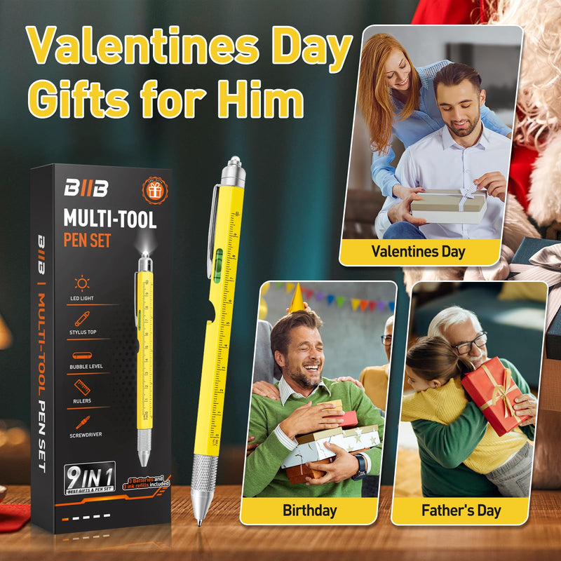 BIIB Valentines Day Gifts for Him, Gifts for Men 9 in 1 Multitool Pen, Mens Valentines Gifts, Boyfriend Husband Valentines Day Gifts for Dad, Birthday Gifts for Men, Unique Dad Gifts Gadgets for Men Yellow