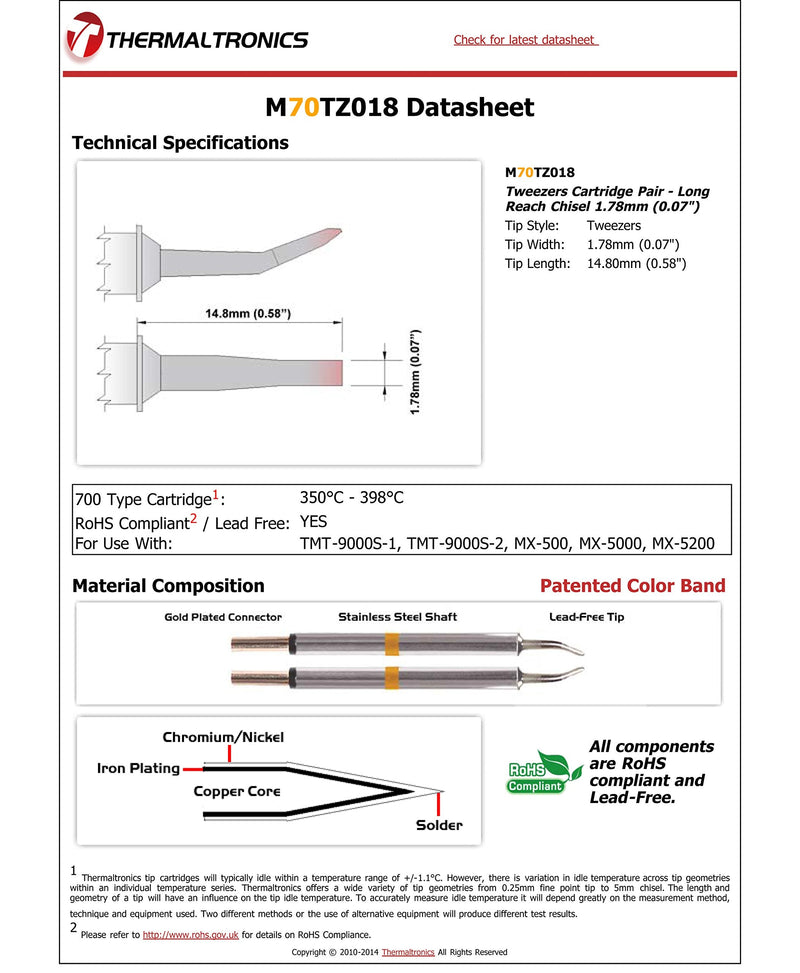 Thermaltronics M70TZ018 Tweezers Cartridge Pair - Long Reach Chisel 1.78mm (0.07in)
