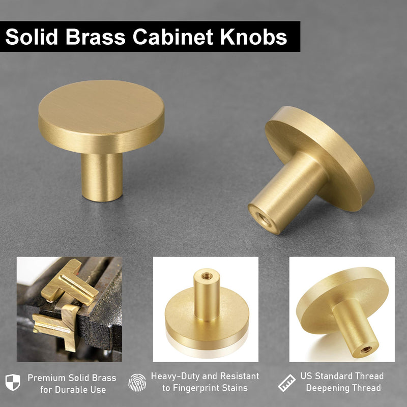 QOGRISUN 10-Pack Solid Brass Cabinet Knobs, 1-Inch Diameter, Round Gold Dresser Drawer Pulls Handles, Modern Kitchen Hardware, Brushed Brass Finish 1-1/8-Inch Diameter 10 Pack