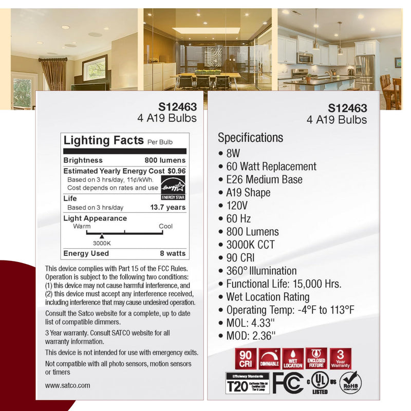 Satco S12463 LED Light Bulbs 8 Watt 120V 3000K Soft White 800 Lumens Dimmable 2 Packs of 4 (8 Bulbs Total)