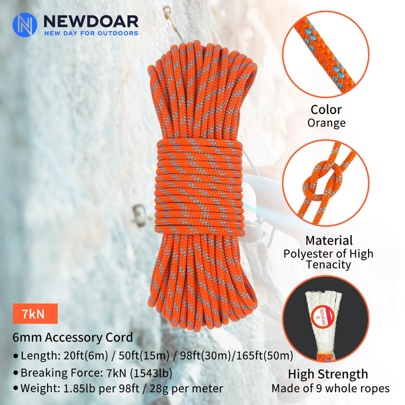 NewDoar Static Climbing Rope 6mm Accessory Cord Rope,for Arborist Tree, Mountaineering, Sailboat Rope,Dock Lines,Hauling Dragginge Orange 50FT(15M)