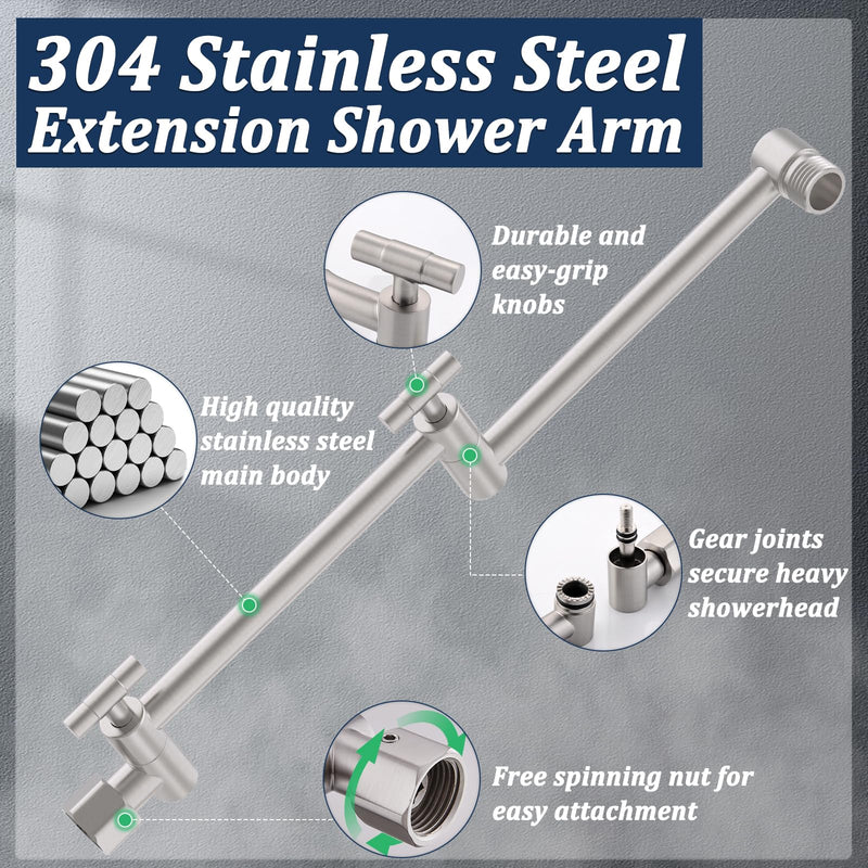 Solid Brass Shower Head Extension Arm, 13 Inch Adjustable Shower Arm - Height & Angle Adjustable Extender, Universal G1/2 Connector for Rainfall or Fixed Showerhead (Brushed Nickel) Brushed Nickel - NewNest Australia