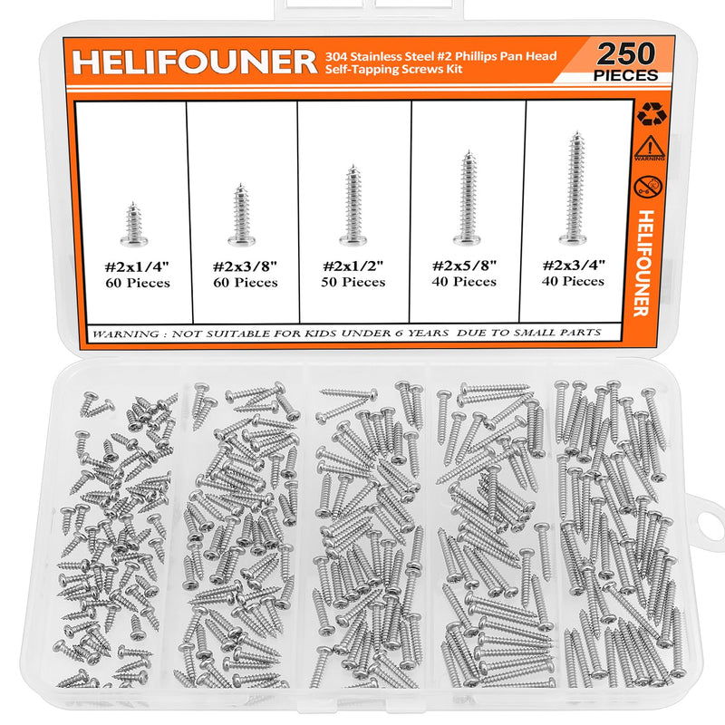 #2 x 1/4" 3/8" 1/2" 5/8" 3/4" Wood Screws Set, HELIFOUNER 250 Pieces Phillips Pan Head Self-Tapping Screws Assortment Kit, Phillips Pan Head Wood Screws, 304 Stainless Steel #2