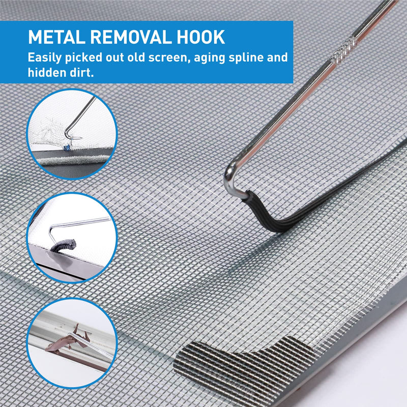 Screen Repair Kit, 5 in 1 Screen Tool - Screen Roller Tool, Spline Removal Hook,Screen Clips, Retainer Spline (32 ft) and Screen Cutter for Replacing & Installing Door and Window Screens Black Spline