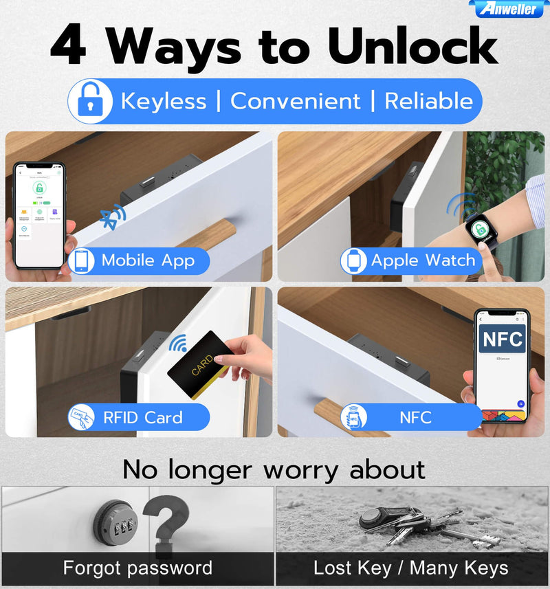 Smart Cabinet Lock, Anweller Hidden No Drill Adhesive Magnetic Baby Proofing Child Proof Drawer Locks, Keyless RFID Bluetooth Cabinet Locks for Adults File Kitchen Cupboard Closet Liquor - Black