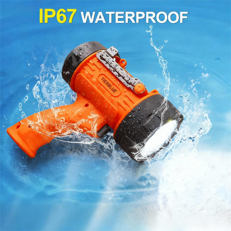 YIERBLUE Rechargeable Spotlight,Handheld Rechargeable Flashlight 200,000 Lumens LED, IP67 Waterproof 12 Hours Running for Boating, Camping, Hunting Orange