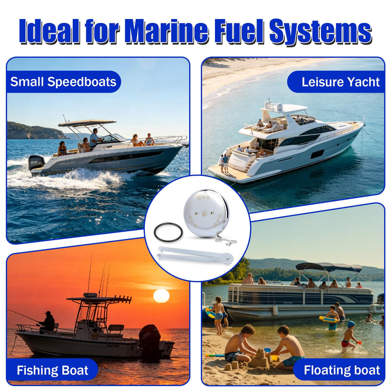 0540DPG99A Boat Gas Cap, Marine Fuel Cap for Perko 1-1/2" Angled Neck Vented Fuel Fills, Chrome Plated Bronze with Chain, O-Ring & Wrench