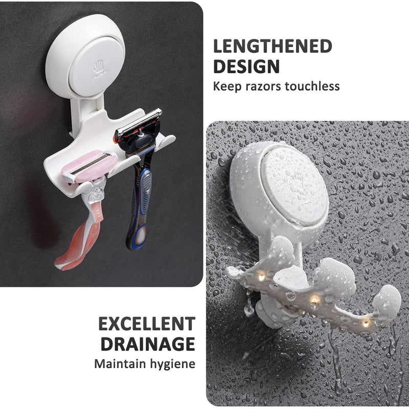 LEVERLOC Razor Holder for Shower 2 Pack, Powerful Suction Cup Shower Hooks for Towel, Loofah, Razor, Squeegee, Damage-Free Wall Hooks, Shaver Holder for Bathroom, Easy to Install and Reuse, White White, Round