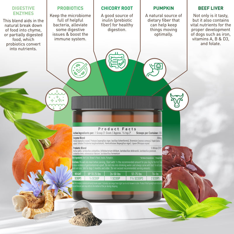 Strawfield Pets Pre + Probiotic Powder for Dogs with Digestive Enzymes Dog Probiotics for Yeast, Itchy Skin and Itchy Ears Natural Beef Liver Flavor 120 Scoops