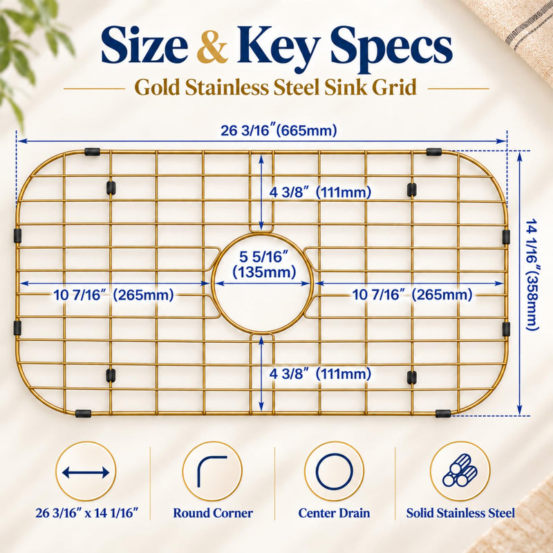 Gold Sink Grid 26 3/16" X14 1/16",Sink Protectors for Kitchen Sink 26 3/16" x 14 1/16" Gold